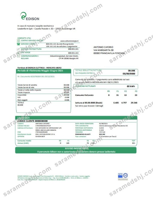 Italy Edison utility bill template in Word and PDF format, good for address prove